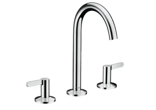 Waschtischarmatur in Chrom mit drei Anschlüssen und zwei Drehhebeln von AXOR. Auslauf in geschwungener Form, geeignet für moderne Badezimmer.